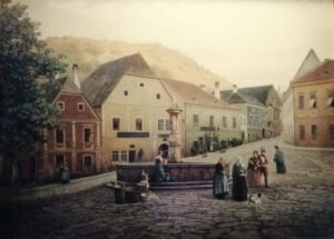 Historische Ansicht: Kirchenplatz von Spitz - Gemälde von Weber © kremskultur